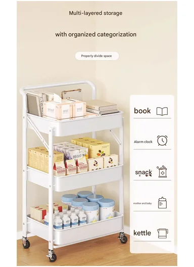 3-Layer Carbon Steel Foldable Organizer Rack with Top Handle &amp; 360° Swivel Wheels (W45 x D29 x H77.5)cm - Blue