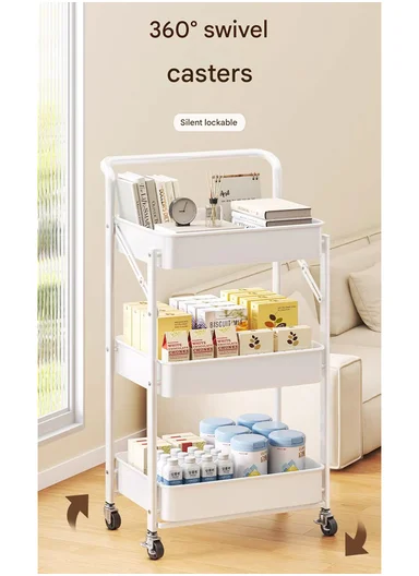 3-Layer Carbon Steel Foldable Organizer Rack with Top Handle &amp; 360° Swivel Wheels (W45 x D29 x H77.5)cm - Blue