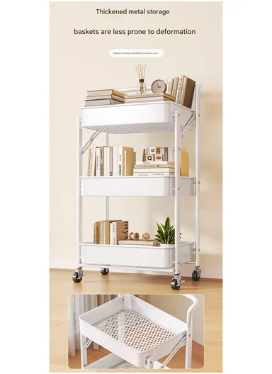 3-Layer Carbon Steel Foldable Organizer Rack with Top Handle &amp; 360° Swivel Wheels (W45 x D29 x H77.5)cm - Blue