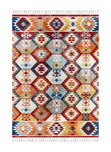 100x300cm Traditional Anatolian Multicolor Geometric Carpet with Fringe Antique AN002
