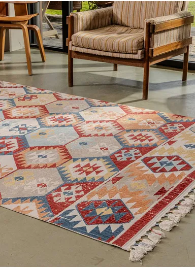 80x300cm Traditional Anatolian Multicolor Geometric Carpet with Fringe Antique AN002