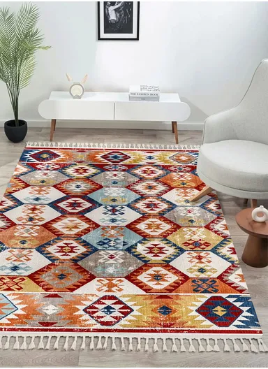 120x180cm Traditional Anatolian Multicolor Geometric Carpet with Fringe Antique AN002