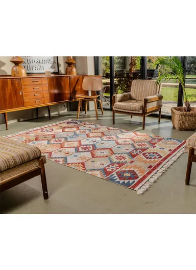 160x230cm Traditional Anatolian Multicolor Geometric Carpet with Fringe Antique AN002