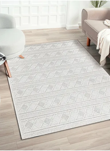 100x200cm Contemporary Patterned Area Rug, Neutral Ivory Flatweave, High-Traffic Living Room Carpet Bravvo BR009