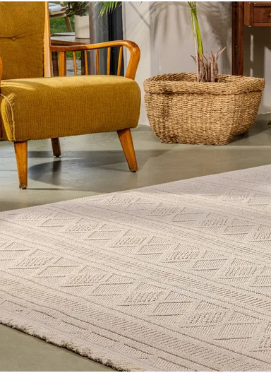 100x300cm Contemporary Patterned Area Rug, Neutral Ivory Flatweave, High-Traffic Living Room Carpet Bravvo BR009