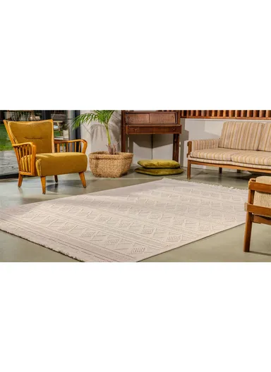 100x300cm Contemporary Patterned Area Rug, Neutral Ivory Flatweave, High-Traffic Living Room Carpet Bravvo BR009