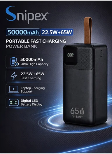50000mAh 22.5W + 65W Portable Fast Charging Power Bank &amp; USB 22.5W Maximum Power Support Laptop Charging with Digital Display &amp; Leather Hanging Rope PB55W65