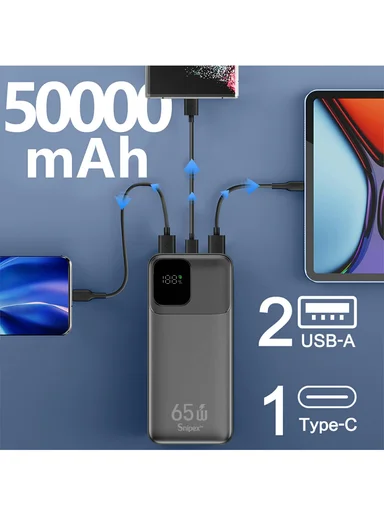 50000mAh 22.5W + 65W Portable Fast Charging Power Bank &amp; USB 22.5W Maximum Power Support Laptop Charging with Digital Display &amp; Leather Hanging Rope PB55W65