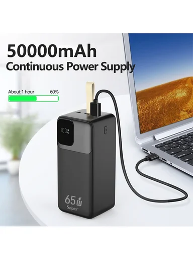 50000mAh 22.5W + 65W Portable Fast Charging Power Bank &amp; USB 22.5W Maximum Power Support Laptop Charging with Digital Display &amp; Leather Hanging Rope PB55W65