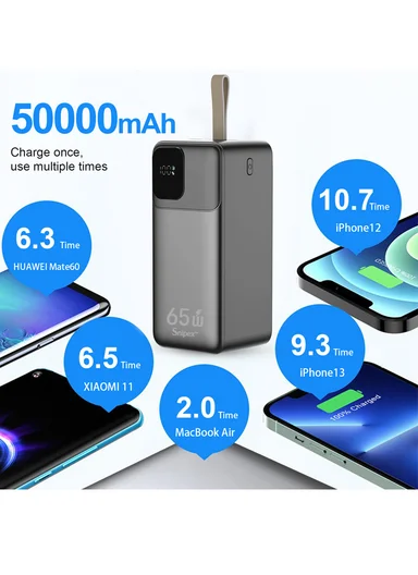 50000mAh 22.5W + 65W Portable Fast Charging Power Bank &amp; USB 22.5W Maximum Power Support Laptop Charging with Digital Display &amp; Leather Hanging Rope PB55W65
