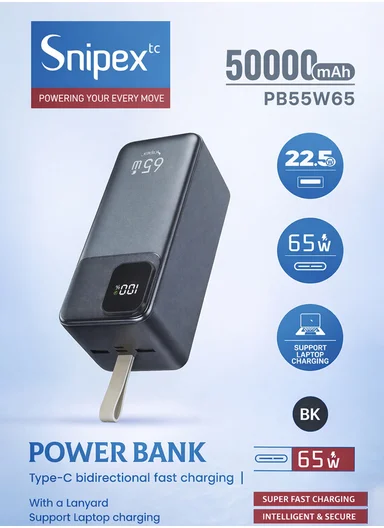 50000mAh 22.5W + 65W Portable Fast Charging Power Bank &amp; USB 22.5W Maximum Power Support Laptop Charging with Digital Display &amp; Leather Hanging Rope PB55W65