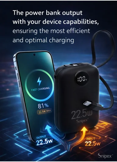 10000mAh 22.5W Fast-Charging Power Bank Built-In Dual Cables &amp; Digital Display PB1W225 - Black