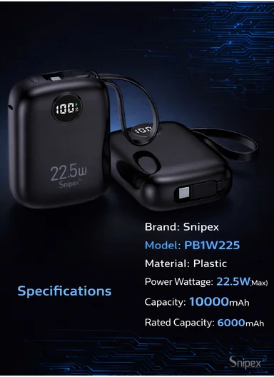 10000mAh 22.5W Fast-Charging Power Bank Built-In Dual Cables &amp; Digital Display PB1W225 - Black