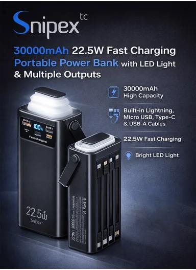 30000mAh 22.5W Fast Charging Portable Power Bank with LED Light &amp; Multiple Outputs PB33W225