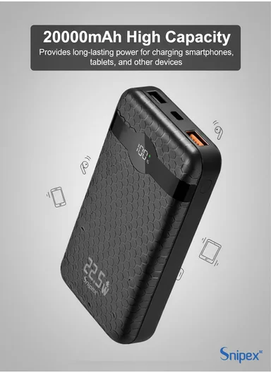20000mAh 22.5W Fast Charging Power Bank with Digital Display, Type-C &amp; USB-A PB22W225 - Black