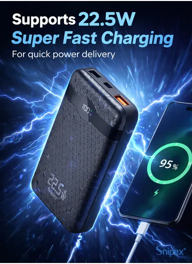20000mAh 22.5W Fast Charging Power Bank with Digital Display, Type-C &amp; USB-A PB22W225 - Black