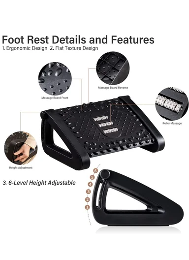 Adjustable Massage Footrest with Rollers, 6-Level Height, Anti-Slip, PP Material (D32 x W42 x H20)cm
