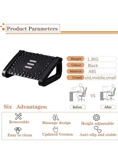 Adjustable Massage Footrest with Rollers, 6-Level Height, Anti-Slip, PP Material (D32 x W42 x H20)cm