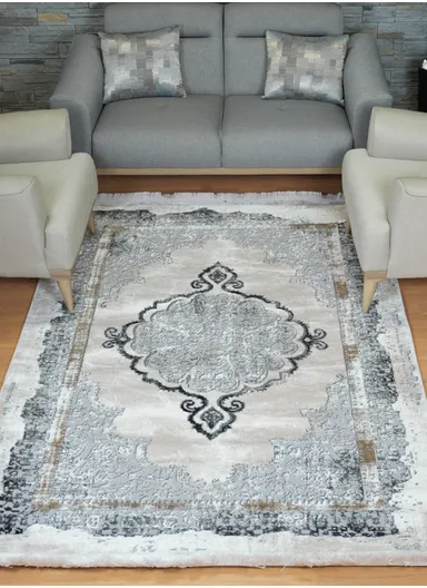 100x300cm Silk Thread Carpet - Beige &amp; Grey
