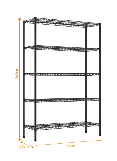 5-Tiers Detachable Storage Rack, Multipurpose Organizer Shelf (W90 x D30 x H200)cm - Black