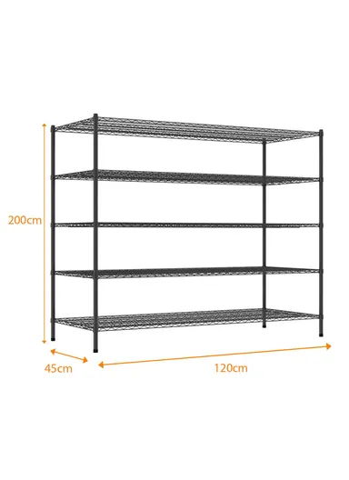 5-Tiers Detachable Storage Rack, Multipurpose Organizer Shelf (W120 x D45 x H200)cm - Black