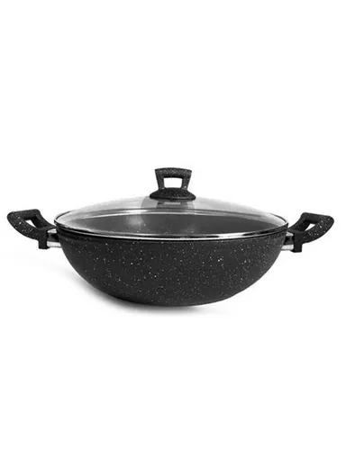 32cm Granite-Coated Cooking Pot With Two Handles And a Glass Lid ZD159 - Black