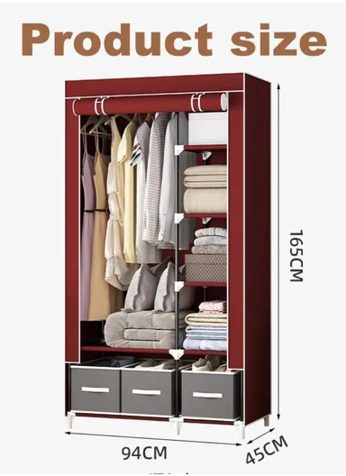 2-Section Non-Woven Fabric Cloth Boxes Cabinet with Hanging Rails &amp; 3 Fabric Drawers, Multi-Use Large Space Dustproof Cloth Boxes Cabinet YY8108 (W95 x D45 x H165)cm - Black &amp; Rose