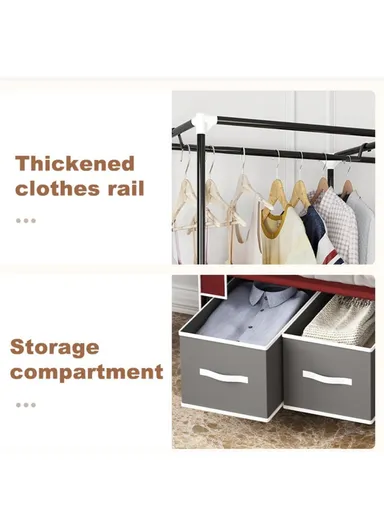 2-Section Non-Woven Fabric Cloth Boxes Cabinet with Hanging Rails &amp; 3 Fabric Drawers, Multi-Use Large Space Dustproof Cloth Boxes Cabinet YY8108 (W95 x D45 x H165)cm - Black &amp; Rose