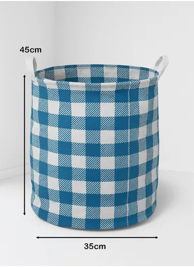Foldable Laundry Basket Blue Squares Pattern, Oxford Fabric, Large Capacity, Space-Saving &amp; Portable (D35 x H45)cm