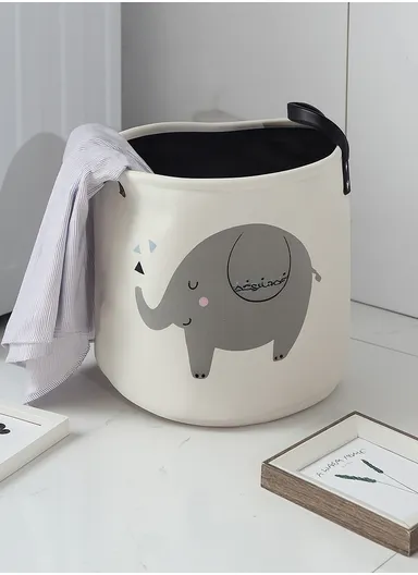 Laundry Basket for Household Storage, Cute Pattern, Practical &amp; Portable (D35 x H40)cm - Elephant