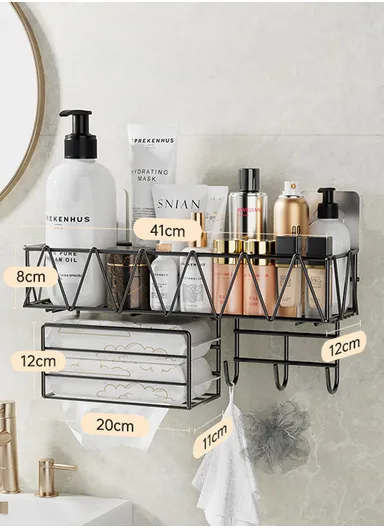 Wall-Mount Bathroom Shelf, Geometric Wire Pattern Iron Shampoo &amp; Accessory Rack with Tissue Holder &amp; Hooks - Black