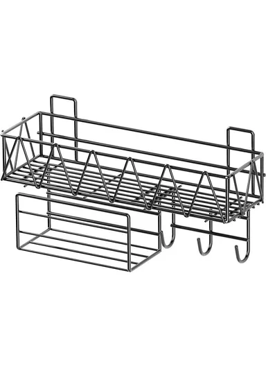 Wall-Mount Bathroom Shelf, Geometric Wire Pattern Iron Shampoo &amp; Accessory Rack with Tissue Holder &amp; Hooks - Black