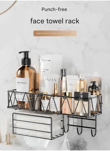 Wall-Mount Bathroom Shelf, Geometric Wire Pattern Iron Shampoo &amp; Accessory Rack with Tissue Holder &amp; Hooks - Black