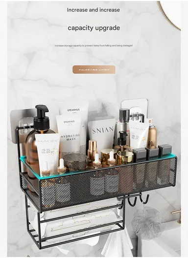 Wall-Mount Bathroom Shelf, Geometric Wire Pattern Iron Shampoo &amp; Accessory Rack with Tissue Holder &amp; Hooks - Black