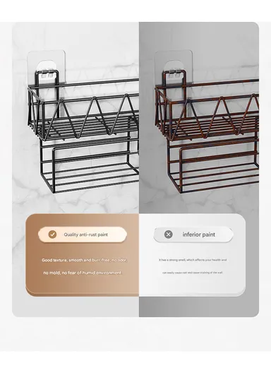 Wall-Mount Bathroom Shelf, Geometric Wire Pattern Iron Shampoo &amp; Accessory Rack with Tissue Holder &amp; Hooks - Black