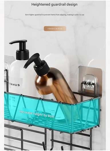 Wall-Mount Bathroom Shelf, Geometric Wire Pattern Iron Shampoo &amp; Accessory Rack with Tissue Holder &amp; Hooks - Black