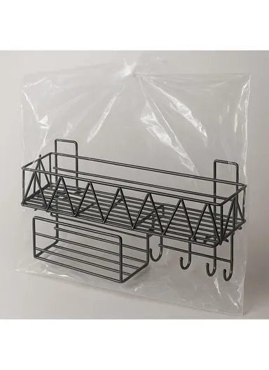 Wall-Mount Bathroom Shelf, Geometric Wire Pattern Iron Shampoo &amp; Accessory Rack with Tissue Holder &amp; Hooks - Black