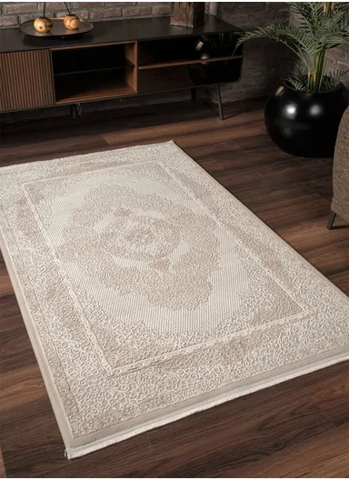 80x300cm Machine-Woven Traditional Medallion Carpet, Soft Textured Beige &amp; Off-White Rug Vavien 1376