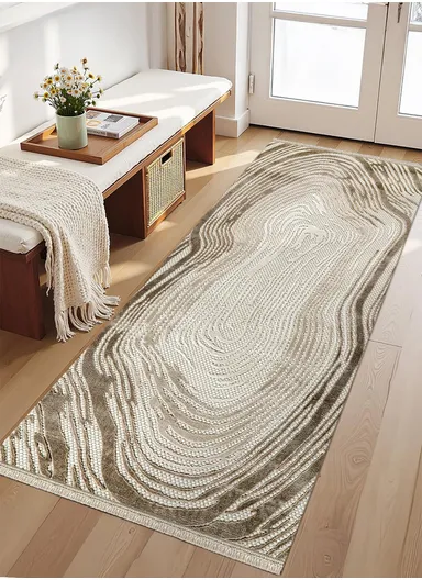 100x300cm Elegant Cream Runner Rug, Machine-Woven Durable Carpet for Living Room &amp; Entryway Amorf AR001