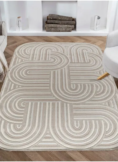 100x300cm Geometric Cream Runner Rug, Machine-Woven Soft Textured Carpet Amorf AR005
