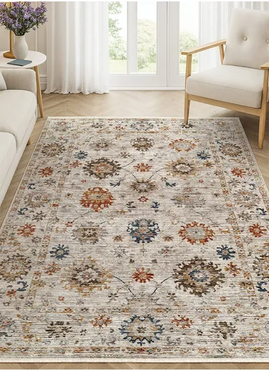 120x175cm Machine-Woven Silk-Blend Area Rug with Vintage Medallion Pattern in Neutral Tones lavinia LA010