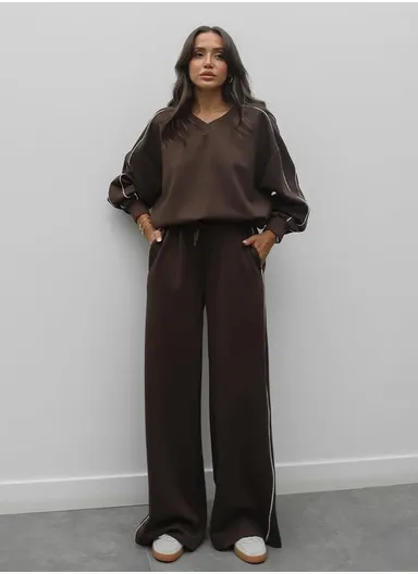 2Pcs Women’s V-Neck Sweater &amp; Wide Leg Pants Set – Brown