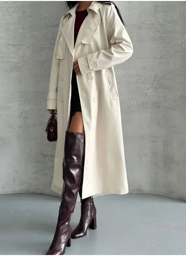 Women’s Long Sleeve Belted Trench Coat – Offwhite
