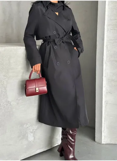 Women’s Long Sleeve Belted Trench Coat – Black