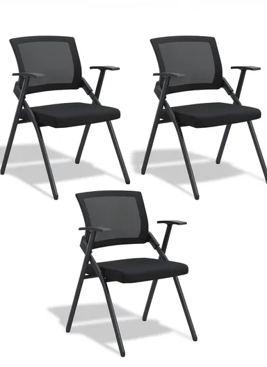 3 Pcs Foldable Ergonomic Mesh Training &amp; Conference Chair Set with Fixed Armrests B05 (W51 x D50 x H86)cm - Black
