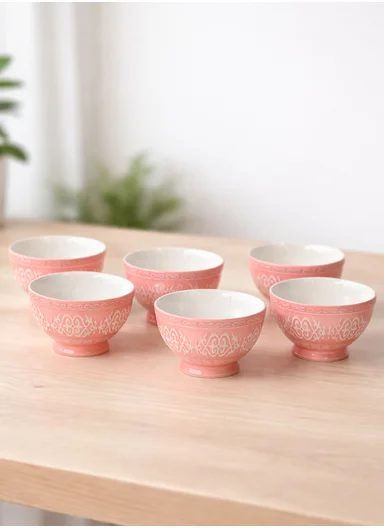 6 Pcs 350ml Patern Design Ceramic Snack Bowl - Pink
