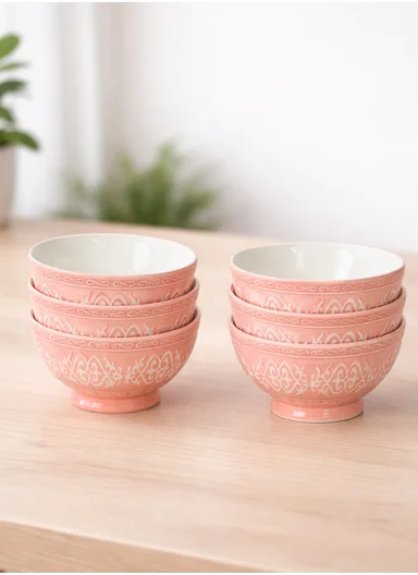 6 Pcs 350ml Patern Design Ceramic Snack Bowl - Pink