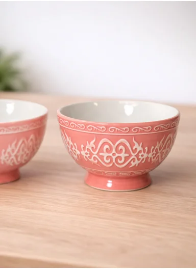 6 Pcs 350ml Patern Design Ceramic Snack Bowl - Pink