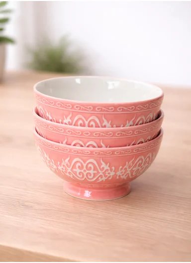 6 Pcs 350ml Patern Design Ceramic Snack Bowl - Pink
