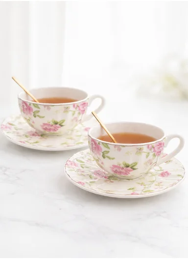 2 Pieces 190ml Floral Ceramic Tea Cup For Two People Withe 2 Pieces Saucers -Pink